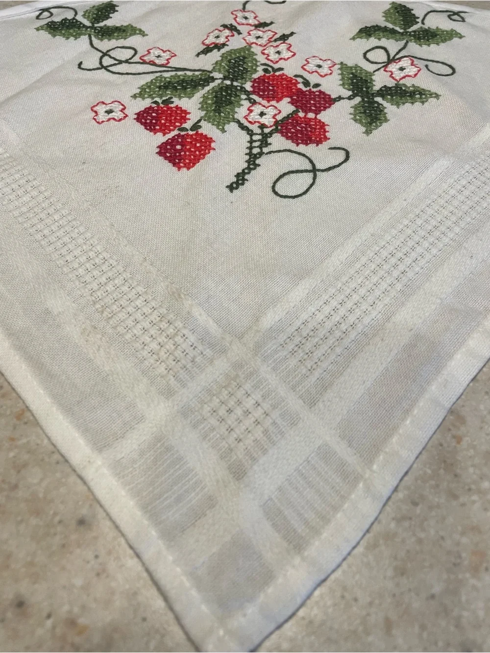 Vintage Head Scarf Upcycled Tablecloth Embroidered Floral Strawberry Handmade